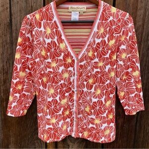 NWOT Norm Thompson Cardigan Sweater multi orange red colors Cotton Knit Size S/M